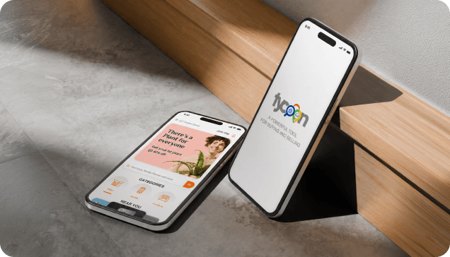 Two smartphones showing the Tycoon marketplace app