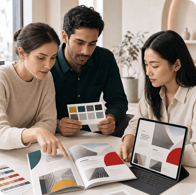 Designers reviewing printed brochure layouts, colour swatches, and a digital tablet mockup