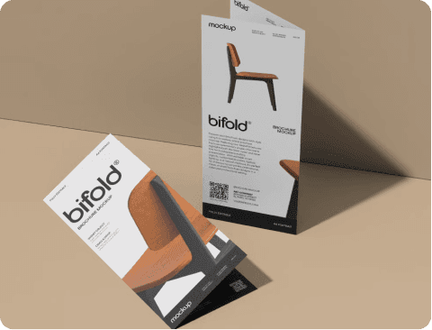 Brochure design mockup — stacked brochures on tan background