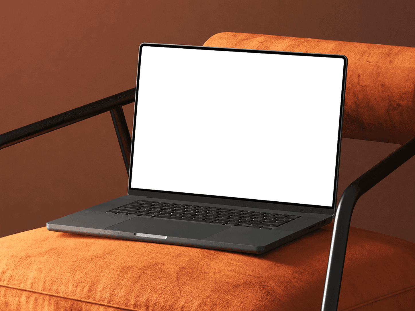 Laptop resting on an orange chair displaying the Banterr app landing page