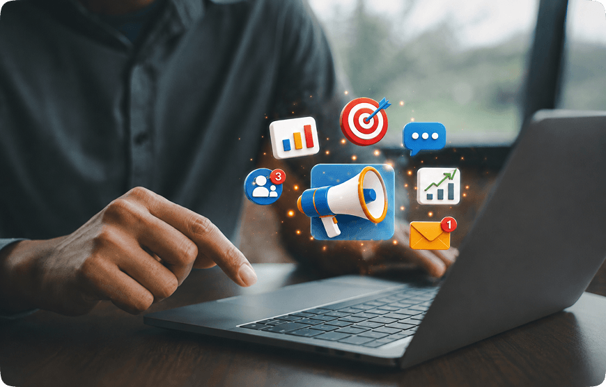 Hands on a laptop with floating digital marketing channel icons